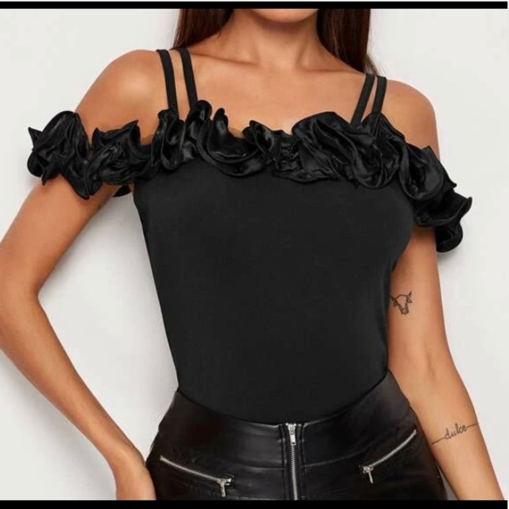 Black Ruffle Cold Shoulder Top